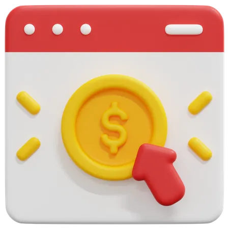 3D digital icon with red top bar, yellow coin with dollar sign, and red arrow pointing to the coin.
