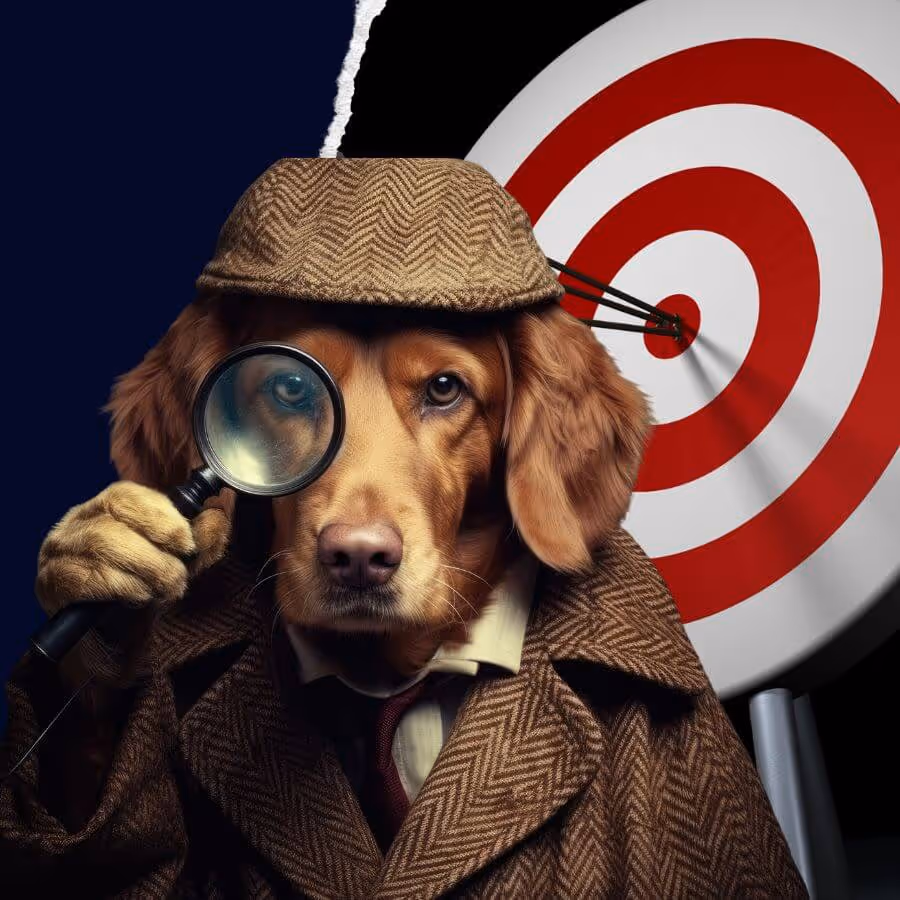 A whimsical illustration of a dog dressed as a detective with a magnifying glass.