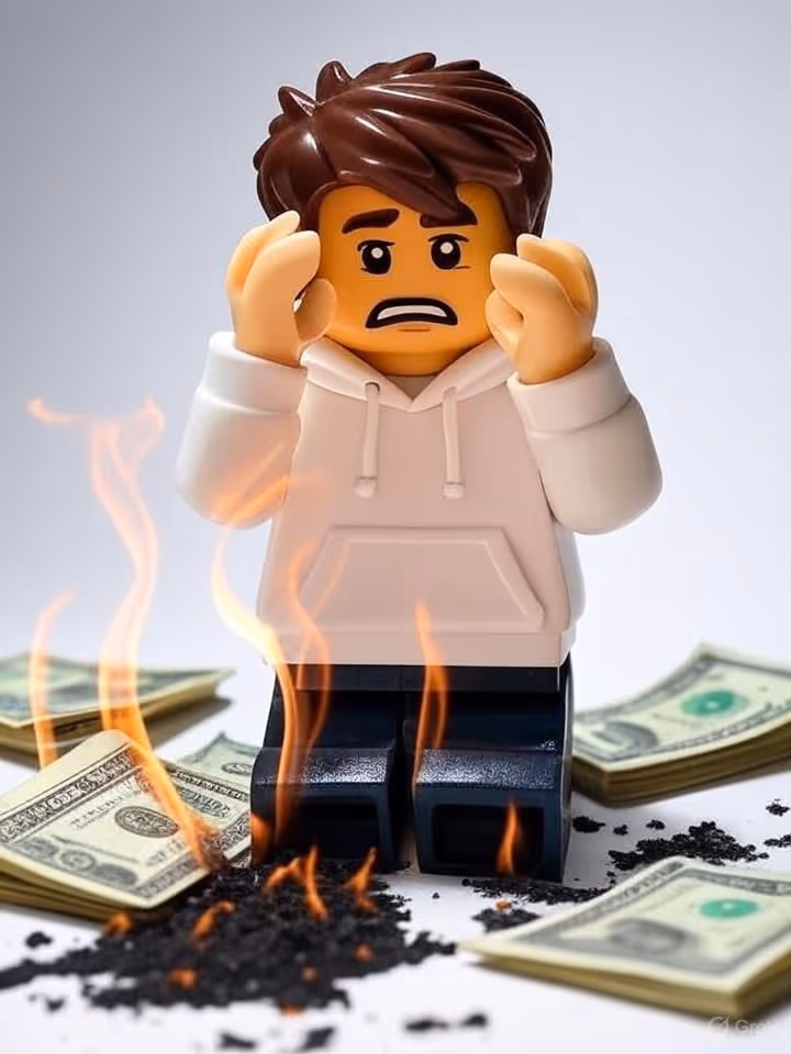 Lego figure with brown hair and white hoodie looking distressed while standing among burning dollar bills.