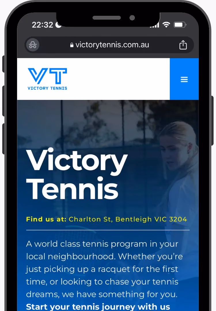 Victory Tennis website on mobile