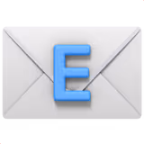 White envelope icon with a large blue letter E in front, on a red background.