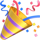 Yellow and purple striped party popper emitting red, blue, and pink streamers with confetti.